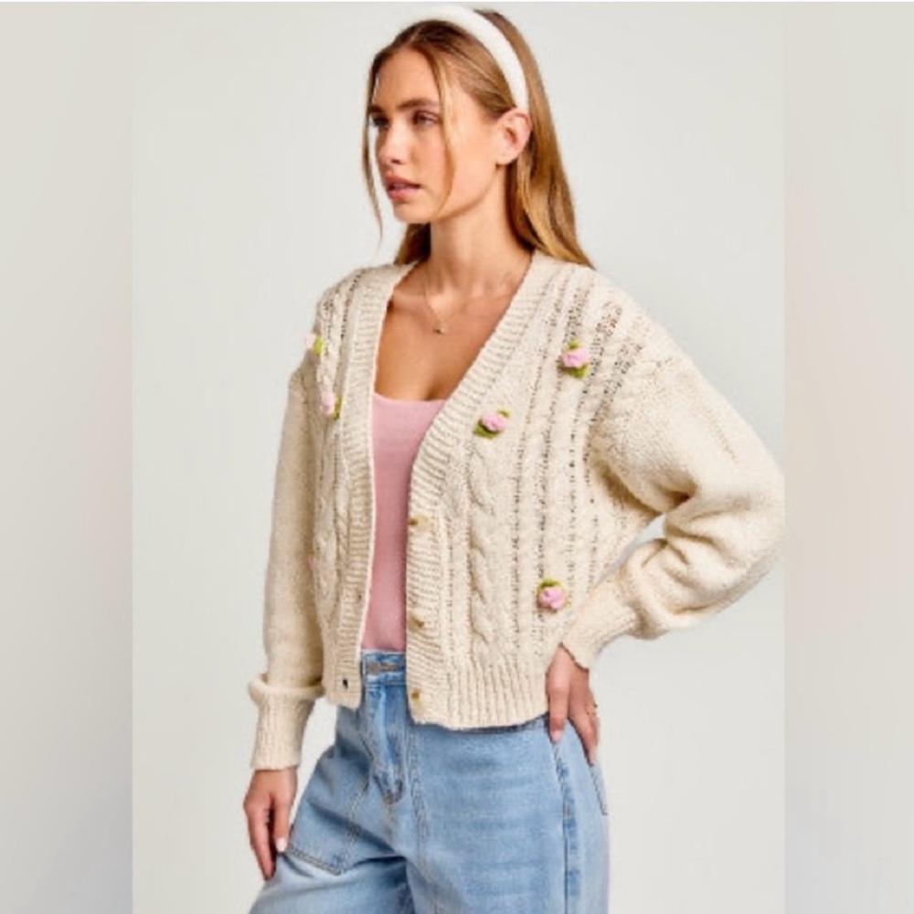 ‼️WOW‼️Le Lis Cream Cardigan with Pink AccentsNWT - Picture 4 of 13